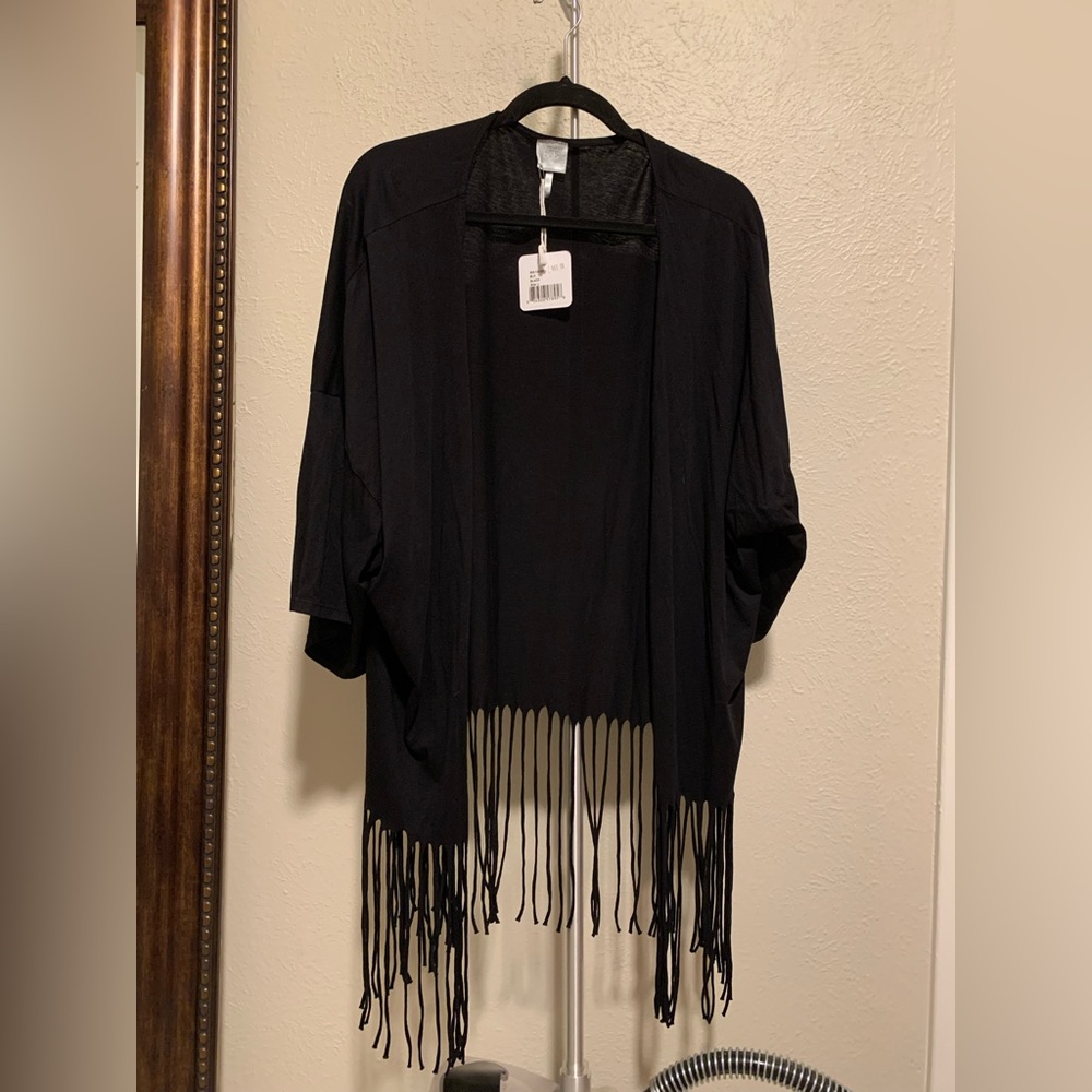 Bobi Open Front Fringe Black Cardigan Large NWT